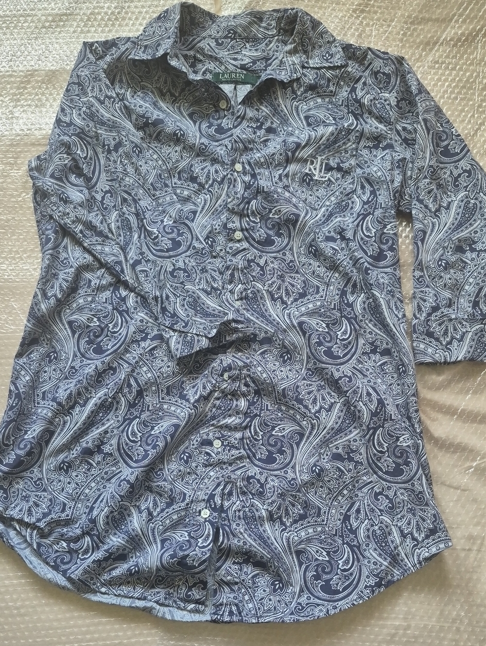 Lauren Ralph Lauren Navy and White Paisley Button-Down Shirt